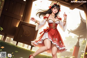 A woman in a red and white dress dancing in a garden.